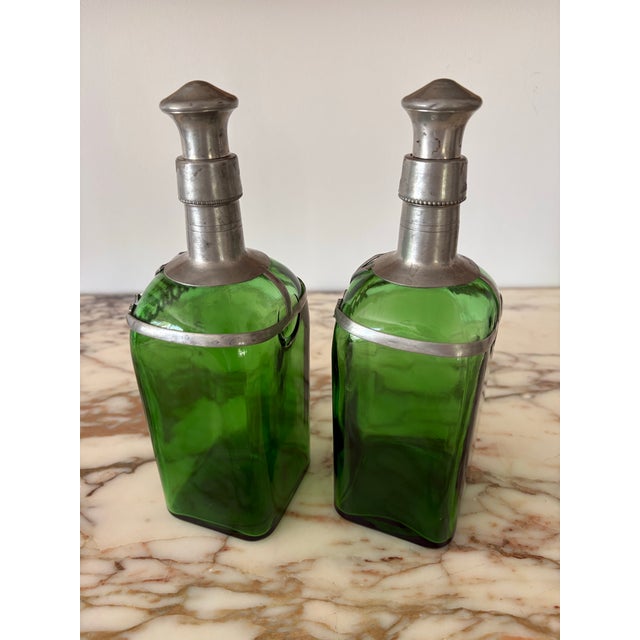 Mid 20th Century Vintage Green Glass Decanters With Pewter Cage and Stopper - Pair For Sale - Image 5 of 9