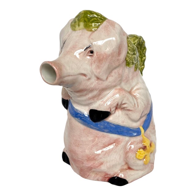 Vintage 1980s Italian Majolica Hand Painted Ceramic Monk Pig Pitcher For Sale