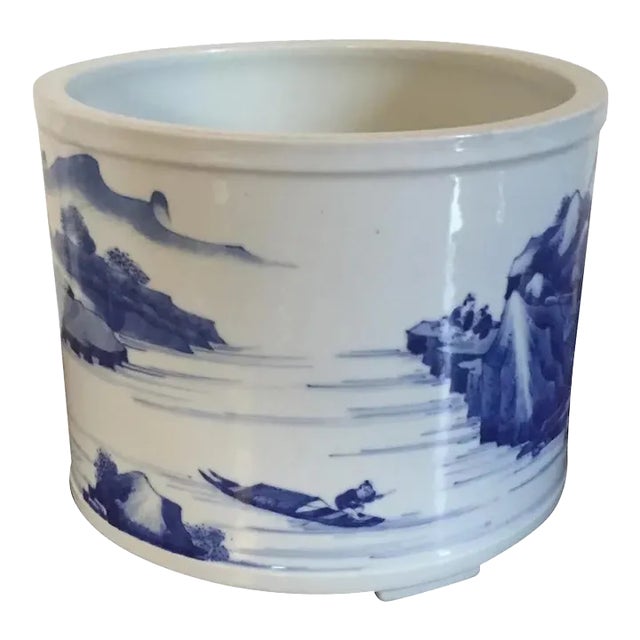 Antique 19th Century Chinese Blue & White Porcelain Cachepot with Harbor Landscape Decoration For Sale