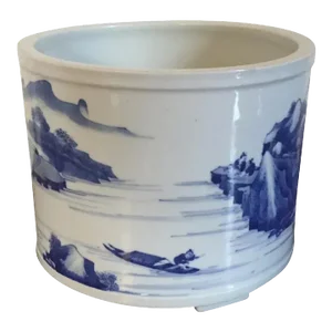 Antique 19th Century Chinese Blue & White Porcelain Cachepot with Harbor Landscape Decoration
