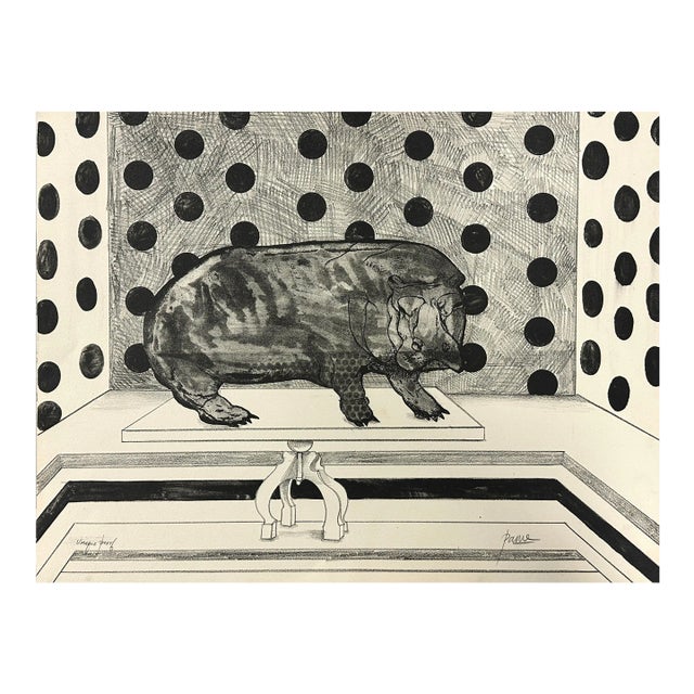 Peter Paone (American, B. 1936) - Untitled Surrealist Hippo on Table Lithograph (C. 1960, Unique Print) For Sale