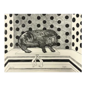 Peter Paone (American, B. 1936) - Untitled Surrealist Hippo on Table Lithograph (C. 1960, Unique Print)