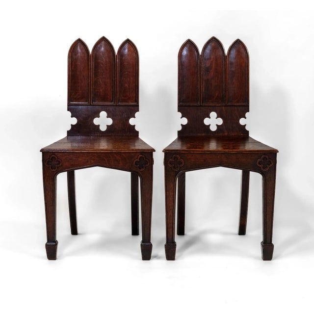 English Regency Gothic Revival Oak Hall Chairs, 1830s, Set of 2 For Sale - Image 13 of 18