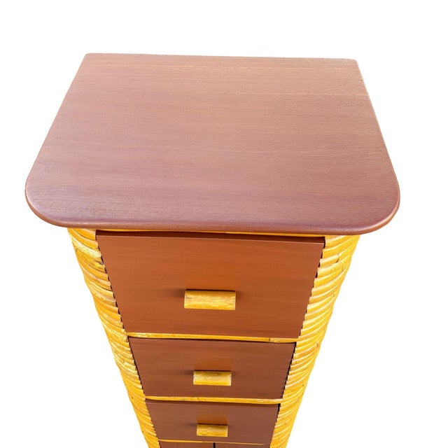1970s Restored Paul Frankl Style Stacked Rattan & Mahogany Cabinet W/ Drawers For Sale In Los Angeles - Image 6 of 10