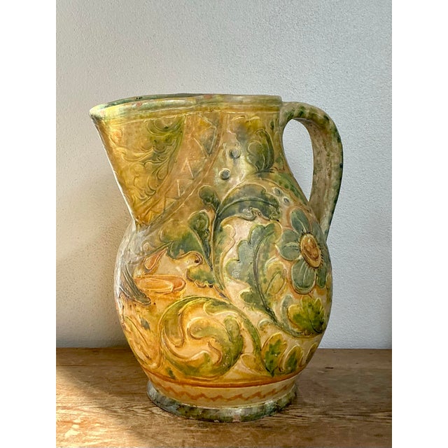 Mid-Century Modern Vintage Boho Glazed Ceramic Floral Pitcher For Sale - Image 3 of 10