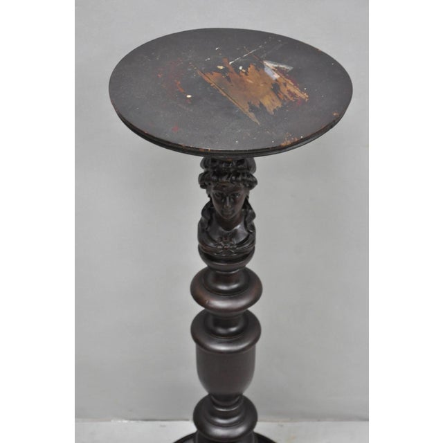 Antique French Renaissance Maiden Bust Column Mahogany Pedestal Plant Stand For Sale - Image 4 of 13