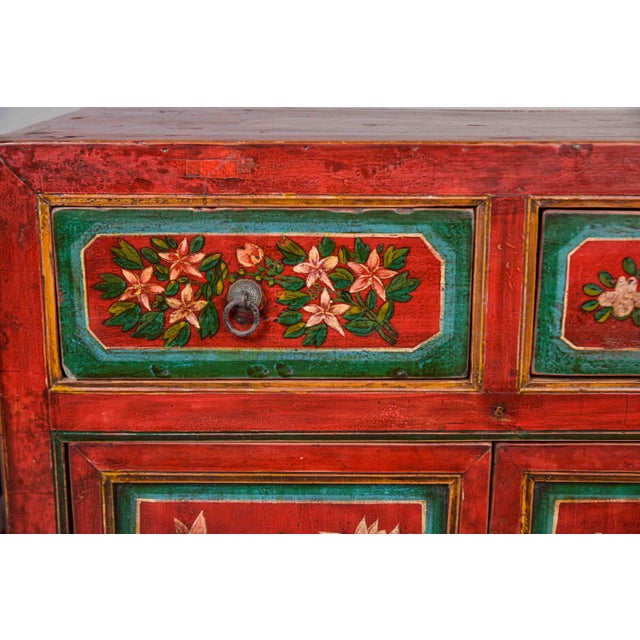 Chinese Pair of 19th Century Chinese Gansu Red-Painted Cabinets With Polychrome Floral Decoration For Sale - Image 3 of 13