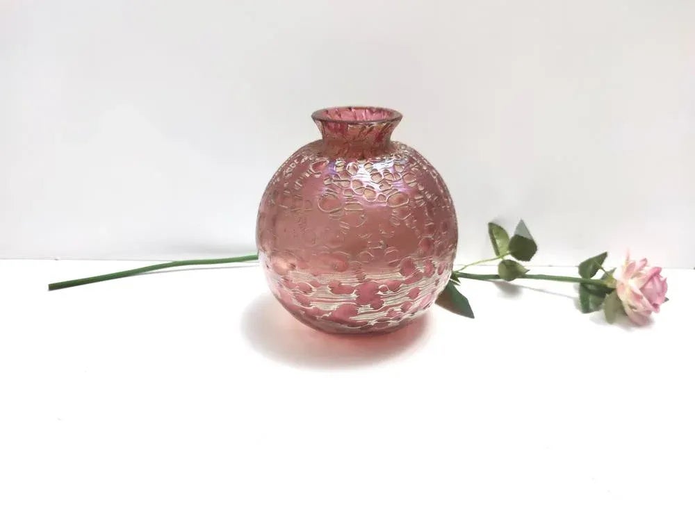 Vintage Pink Iridescent Etched Blown Glass Diaspora Vase