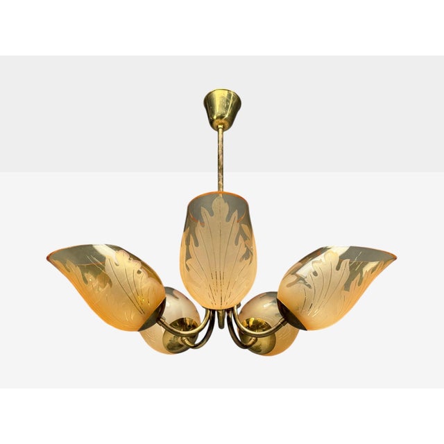 Mid-Century Modern Carl Erik Bodén, Chandelier, Brass, Glass, Sweden, 1940s For Sale - Image 3 of 10