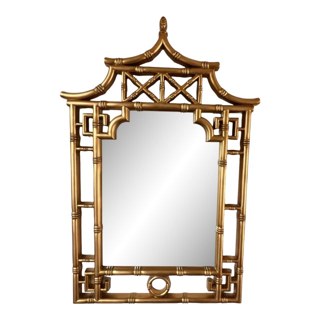 Hollywood Regency Gold Chippendale Style Faux Bamboo Greek Key Pagoda Wall Mirror Palm Beach For Sale