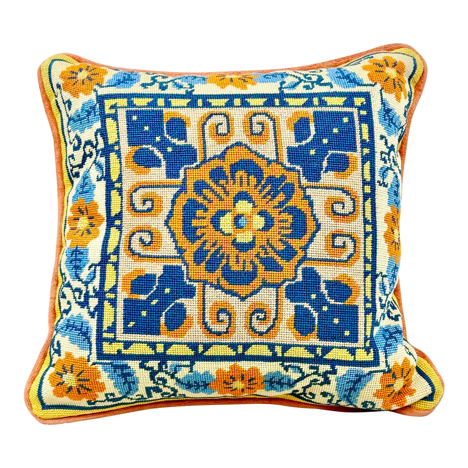 Vintage Handmade Orange and Blue Needlepoint Pillow Chairish
