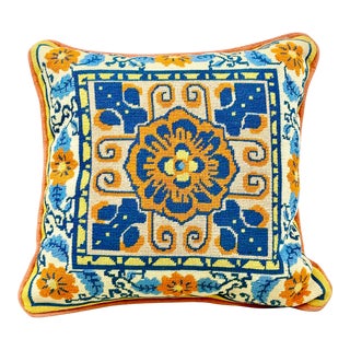 Vintage Handmade Orange and Blue Needlepoint Pillow For Sale