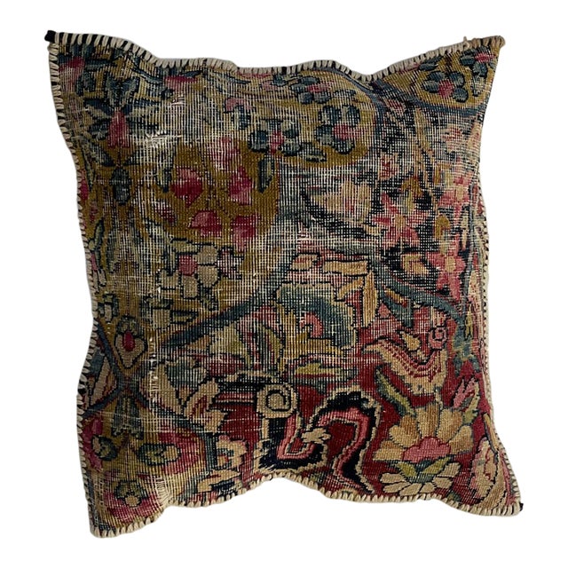 Pillow W/Antique Persian Rug Fragment, 1'4" X 1'4" For Sale