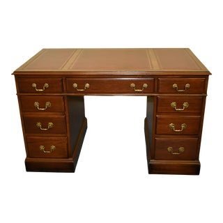 Vintage Maddox Leather Top Mahogany Knee Hole Desk W/Finished Back For Sale