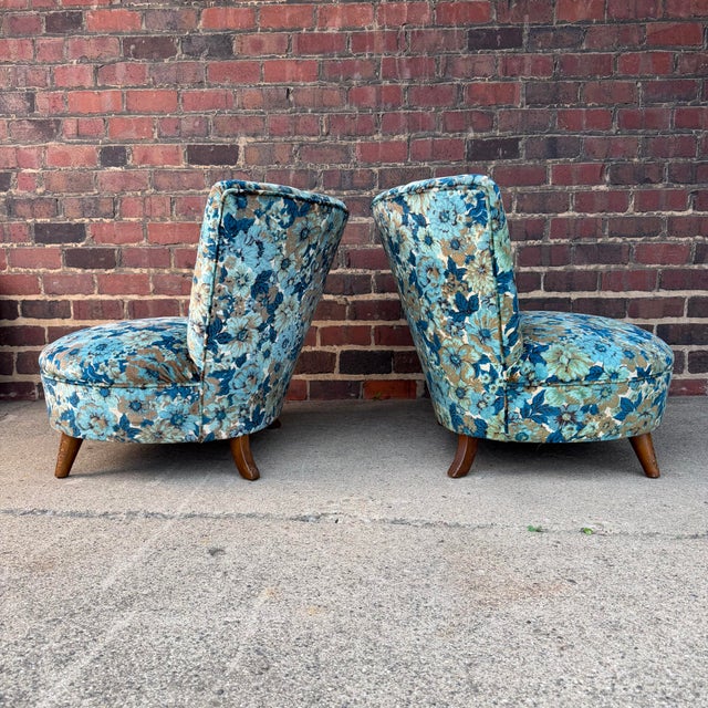 Gorgeous pair of original floral slipper chairs. They have been in the same house since the late 40 reupholstered 3 times...