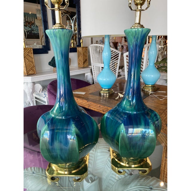 Vintage Pair of Blue Green Ceramic Table Lamps Brass Greek Key Base - a Pair For Sale - Image 4 of 11