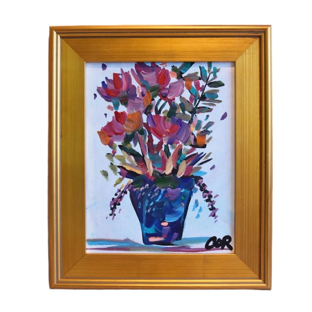 Wood Colorful Floral Bouquet of Flowers in Blue Flower Pot Painting Including the Antiqued Gold Wood Frame For Sale - Image 7 of 7