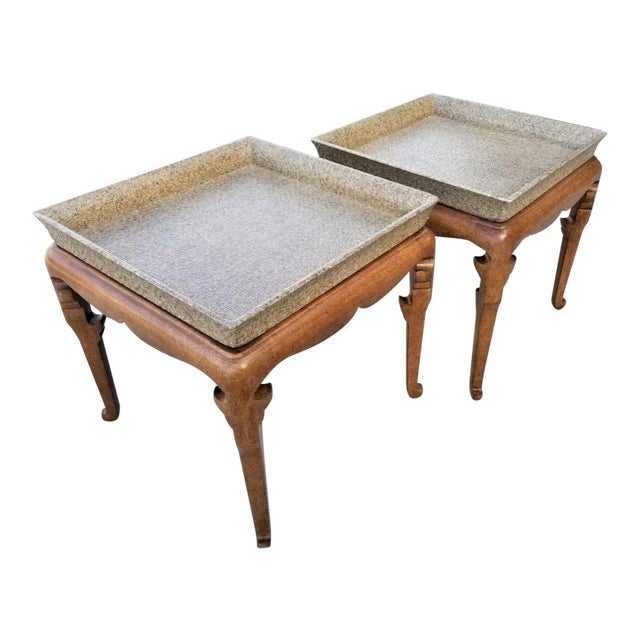 Asian Side End Tables Lacquered Grasscloth by Marge Carson For Sale