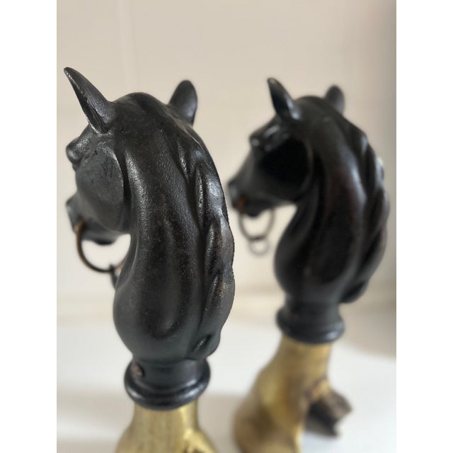 Pair of Vintage English Equestrian Horse Heads and Brass Hoof Andirons For Sale - Image 9 of 9
