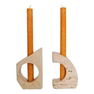 Rare Italian 1960s Travertine Candlesticks by Fratelli Mannelli- a Pair-Mid Century Modern MCM Minimalism Art Deco Italy Marble Raymor For Sale