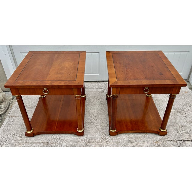 Vtg. Baker Pair of Regency Style Cherry Side Tables W/Inlay & Brass Trim For Sale - Image 14 of 16