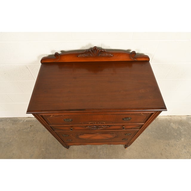 Wood Berkey & Gay Style Antique Art Deco Carved Walnut Highboy Dresser, Circa 1930s For Sale - Image 7 of 11