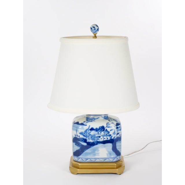 20th Century Blue / White Chinoiserie Porcelain Wood Base Pair of Table Lamps - Pair For Sale - Image 10 of 10