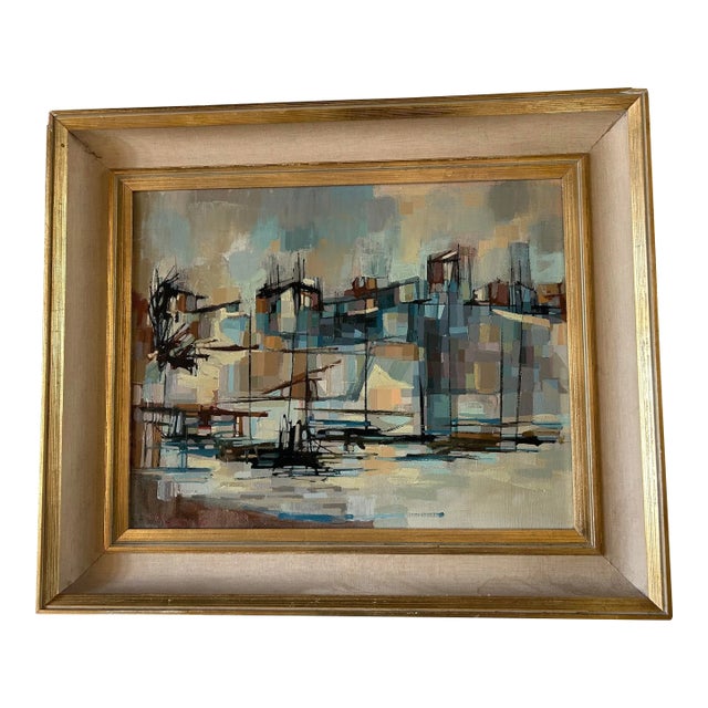 Anthony Thorn Vintage Oil Painting “Harbor Scene” 1960, Signed, Canadian Artist. For Sale
