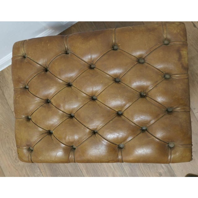 Deeply Buttoned Chesterfield Tan Leather Library Stool For Sale - Image 3 of 6