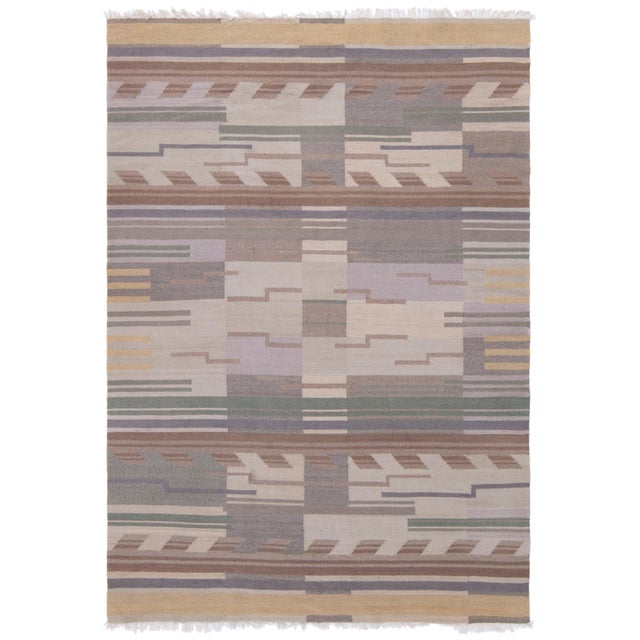 Doris Leslie Blau Scandinavian Art Deco Vintage Abstract Beige Flatweave Carpet For Sale