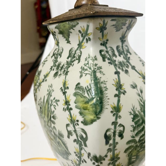 Mid 20th Century Chinoiserie Hand Painted Green Floral Vintage Lamps – A Pair For Sale - Image 4 of 10