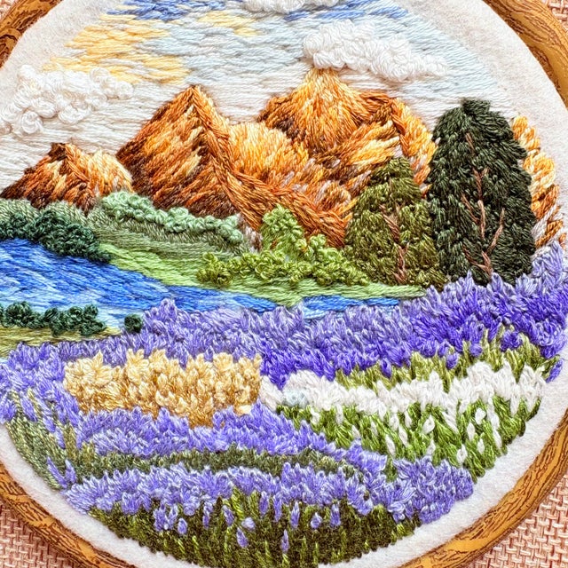 2020s Golden Hour Peaks & Lavender Field - Hand-Embroidered Wall Art For Sale - Image 5 of 14