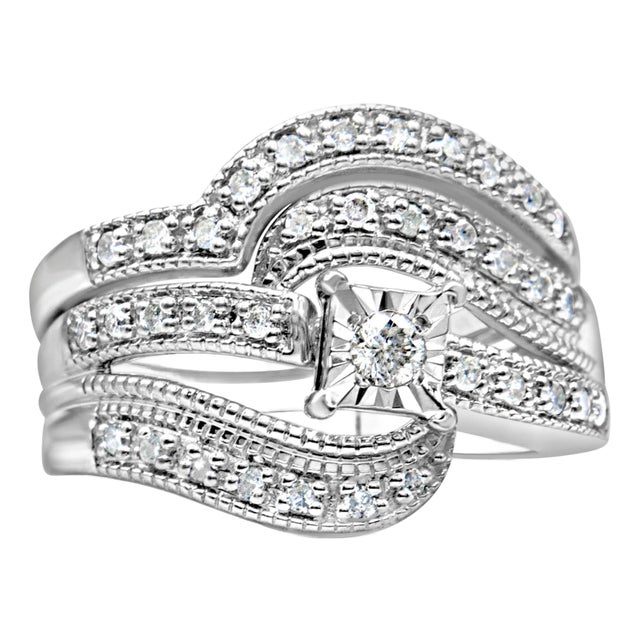 .925 Sterling Silver 1/3 Cttw Round Diamond Crisscross Engagement Ring Bridal Set (H-I Color, I1-I2 Clarity ) - Size 9 For Sale