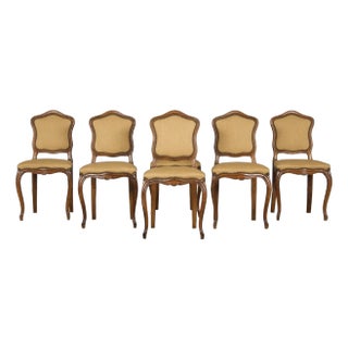 Antique Country French Louis XV Style Walnut Dining Chairs in Beige Fabric - Set of 6 For Sale