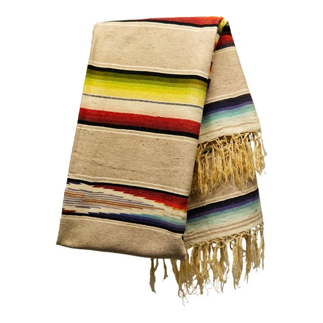 Mid Twentieth Century Southwest Style Hand Loomed Wool Sarape Blanket 77" For Sale