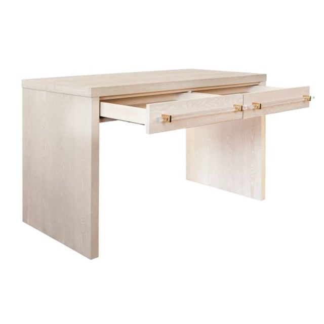 Contemporary Matthew Izzo Home Ralph Cerused Oak Two Drawer Executive Desk With Acrylic and Brass Hardware For Sale - Image 3 of 7