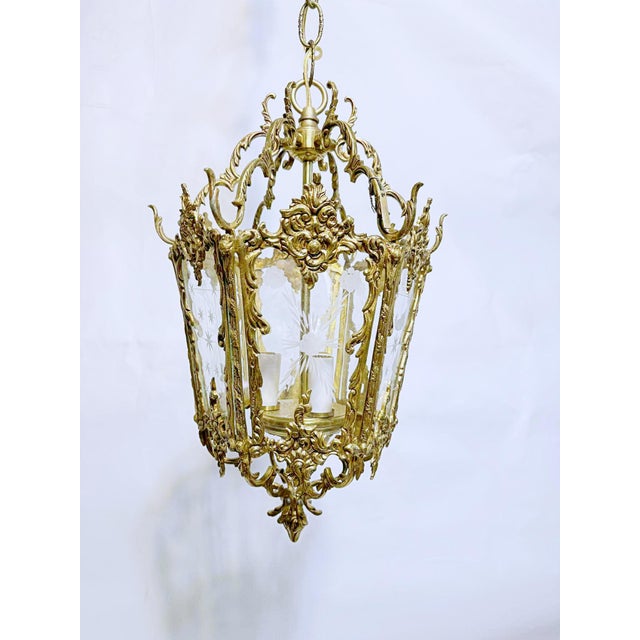 Portuguese Bronze Lantern With Etched Glass Panels. 3 light with candelabra base socket. Each holds 75W each or Led...