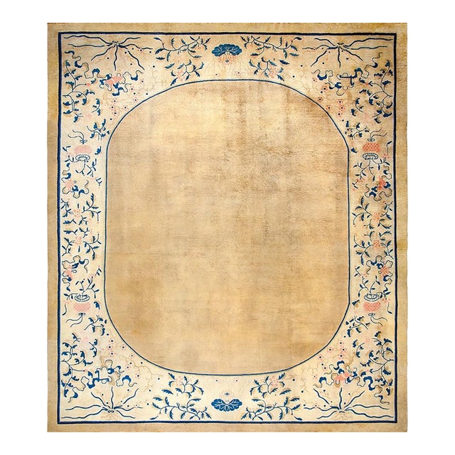 1890s Unique Beige Open Field Floral Antique Chinese Peking Rug 11' 4'' X 14' For Sale