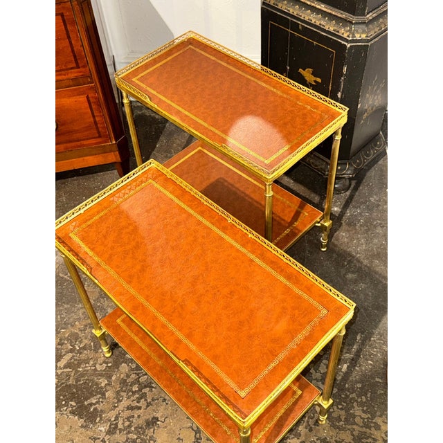 Transitional Pair of Italian Bagues Style Brass and Leather Side Tables For Sale - Image 3 of 9