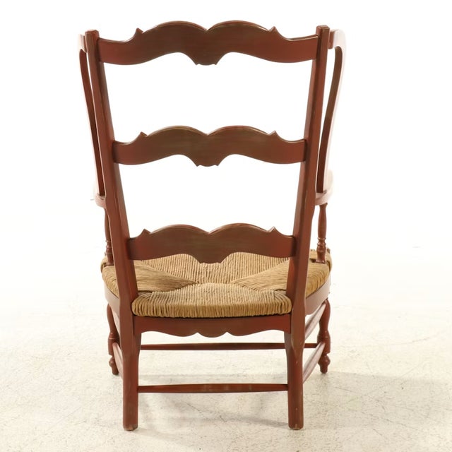 Red Vintage French Provincial Distressed Terracotta Red Wingback Chair With Gingham Cushions For Sale - Image 8 of 12