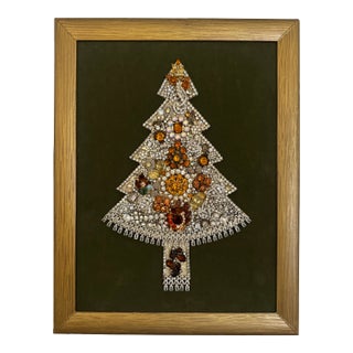 1970s Costume Jewelry Christmas Tree Collage Framed Wall Art For Sale