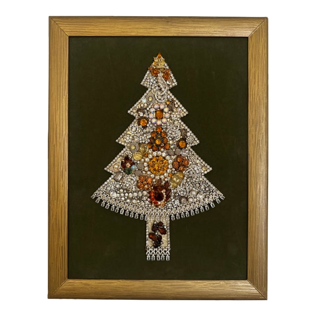 1970s Costume Jewelry Christmas Tree Collage Framed Wall Art For Sale