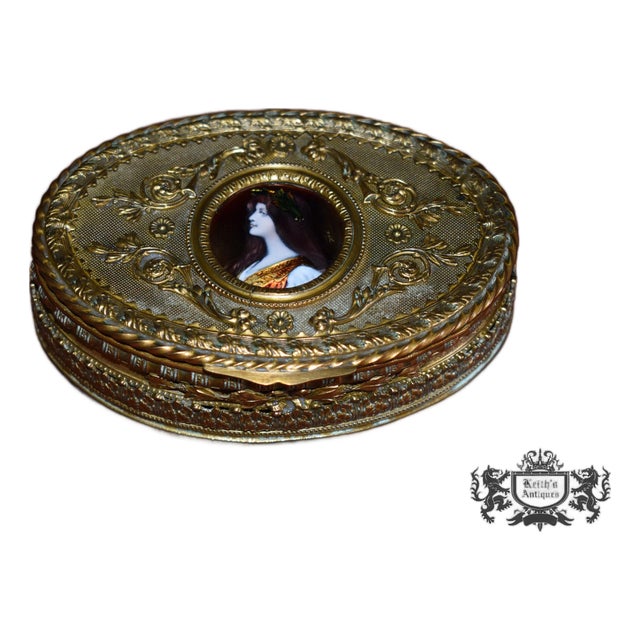 Antique Bronze Casket Box French Ormolu Jewelry Hand Painted Enamel Portrait For Sale