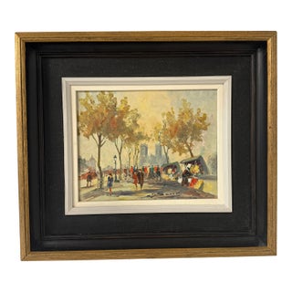 Mid 20th Century Impressionistic French Oil Painting, Notre Dame and Bouquinistes, Framed For Sale