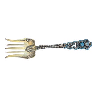Antique Embossed Sterling Silver Enamel Decorated Serving Fork For Sale