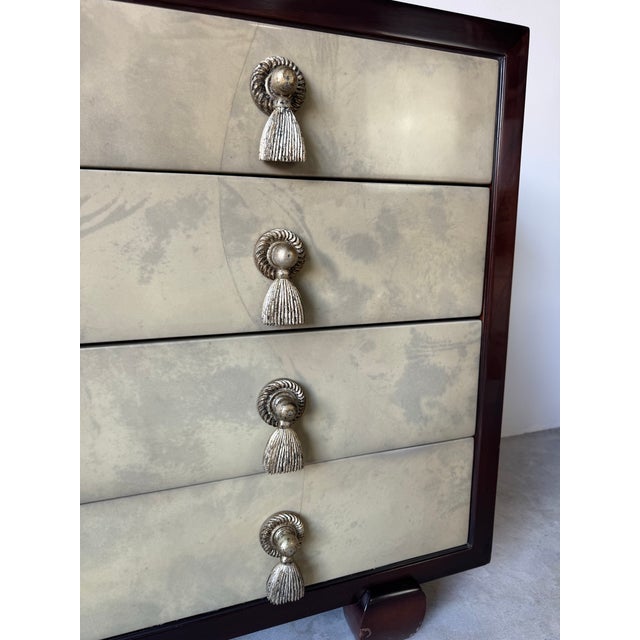 Mid-Century Modern Vintage Jimeco LTD Lacquered Goatskin and Mahogany Five-Drawer Commode/Sold For Sale - Image 3 of 12