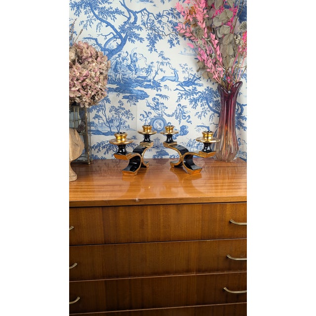 Pair of marius giuge midcentury black & gold earthenware candleholders - vallauris, 1950s a touch of vallauris design...