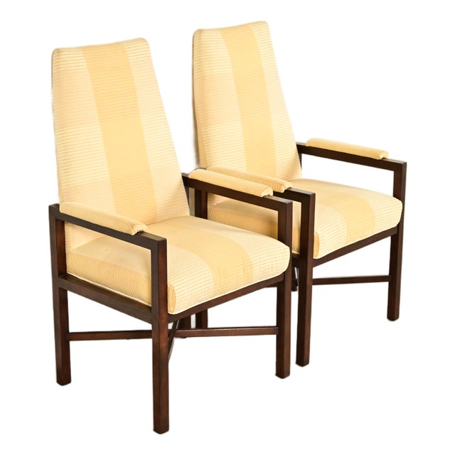 Edward Wormley for Dunbar Mid-Century Modern Walnut X-Base High Back Armchairs, Pair For Sale