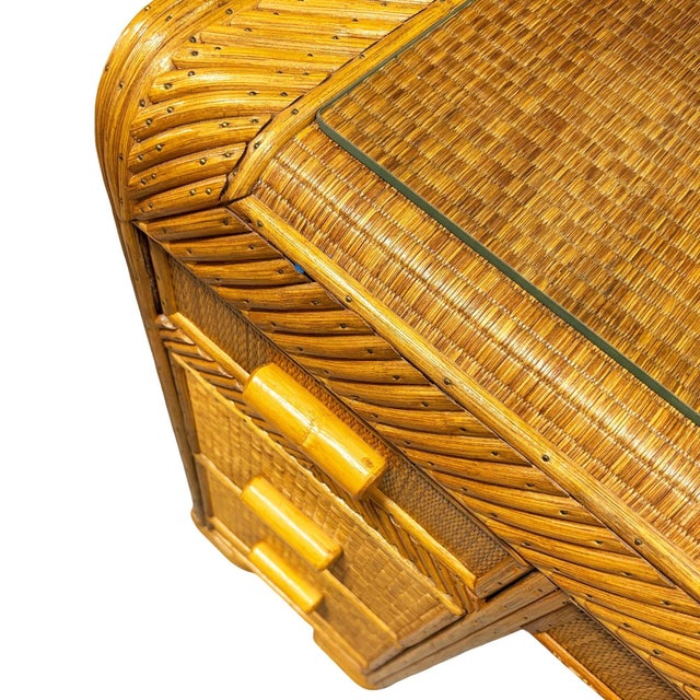 Restored Art Deco Stick Reed Rattan Vanity W/ Round Mirror & Stool For Sale - Image 11 of 17