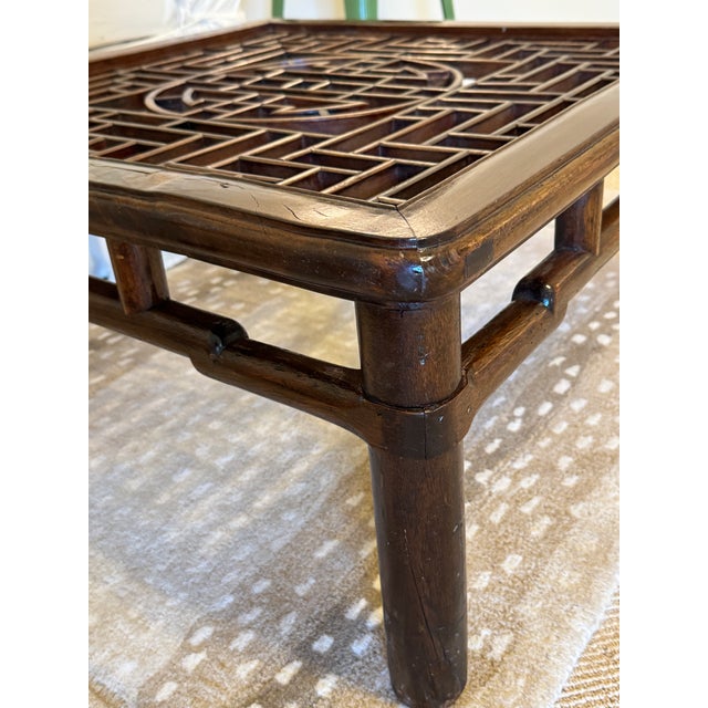 Antique Chinese Elmwood (Yumu) Kang Table – Hand-Cut Mortise & Tenon Joinery With Shou Medallion Fretwork, Qing Dynasty For Sale - Image 11 of 13